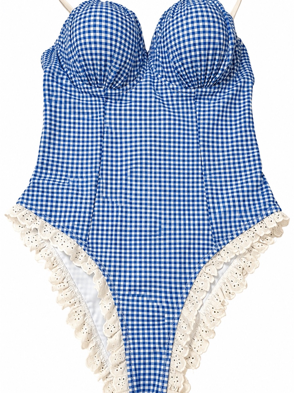 Blue Gingham One-Piece Swimsuit with Lace Trim